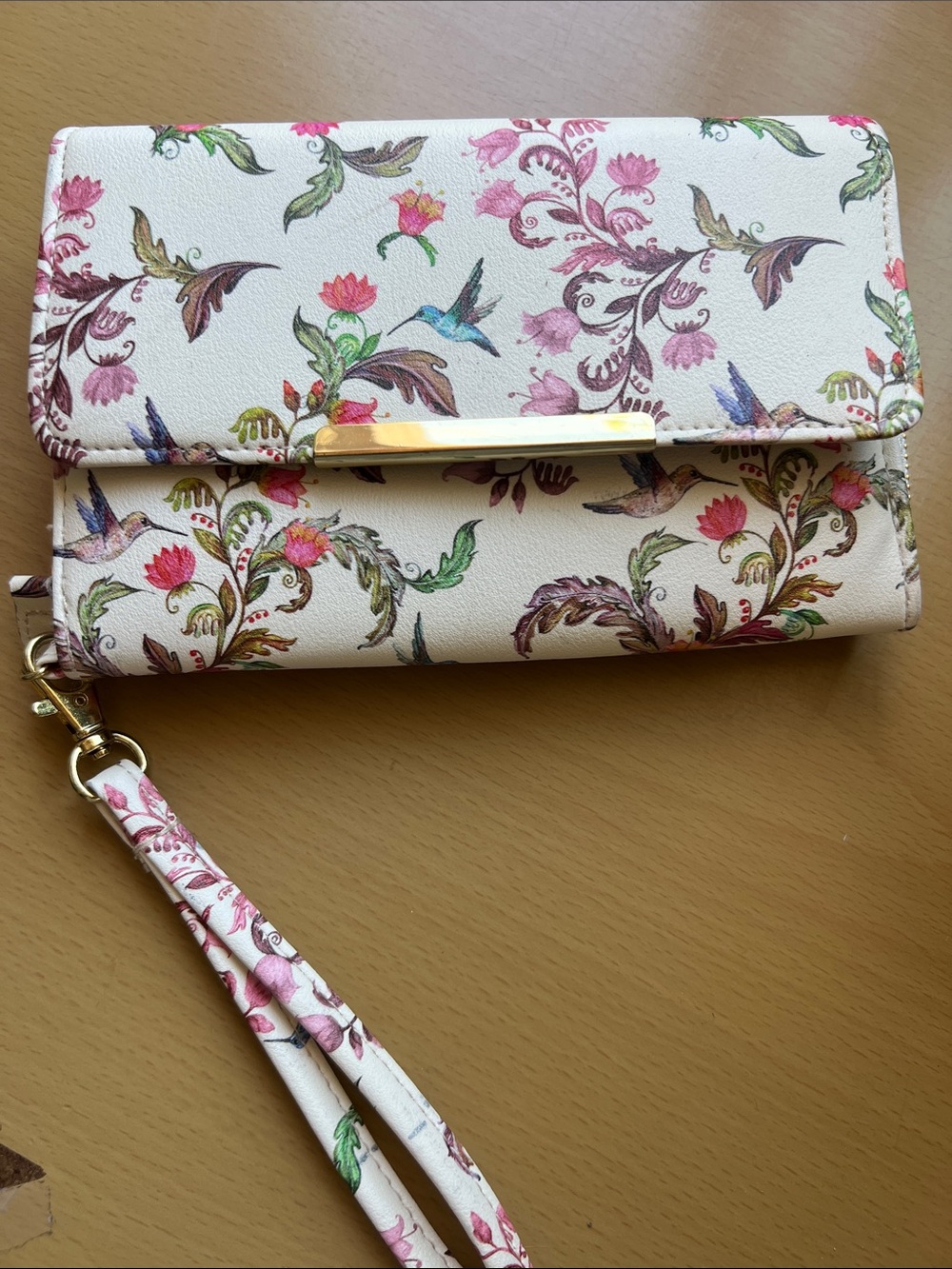 Floral Hummingbird Wristlet Clutch - White with Pink & Green